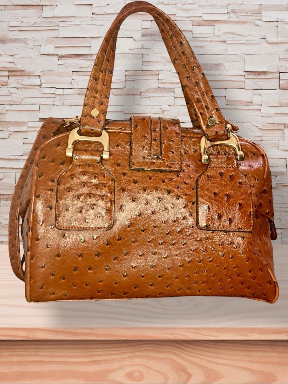 Michael Kors Cognac Ostrich-Embossed Leather Satchel w/ Guillotine Closure - Picture 3 of 8